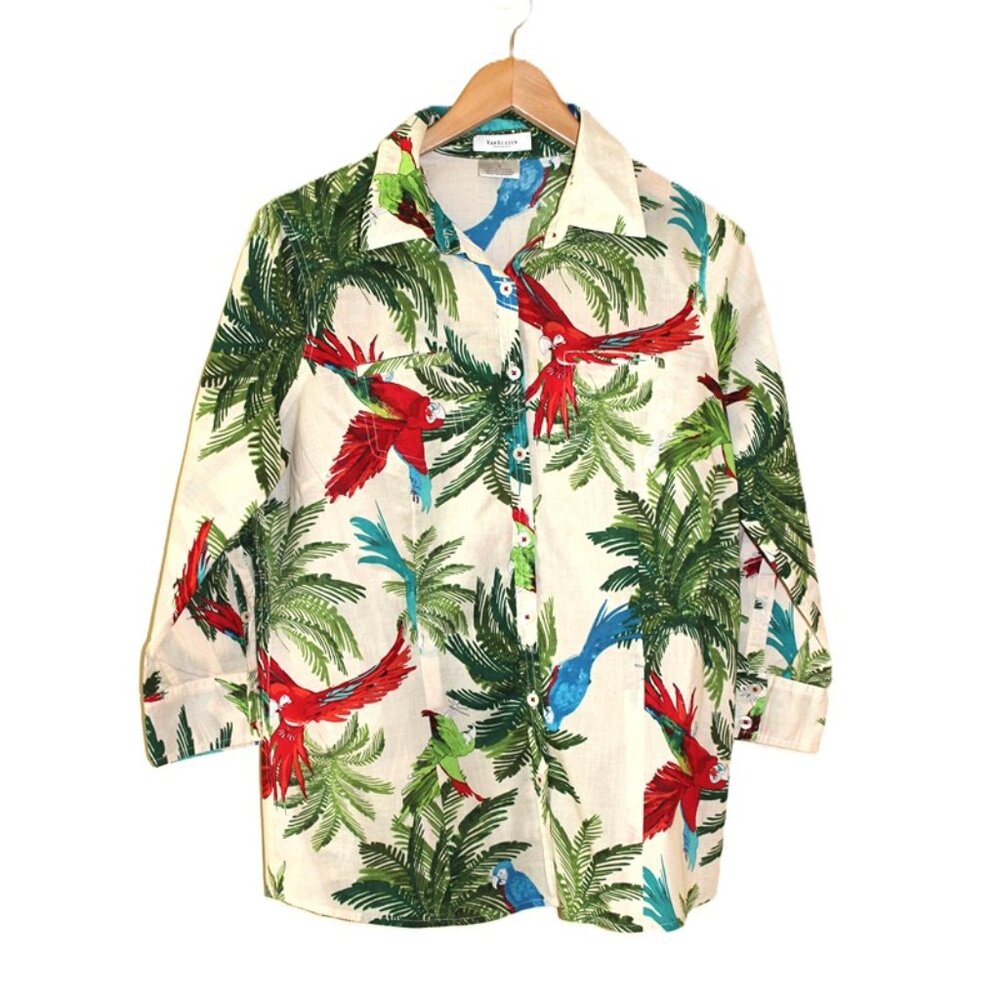 VAN HEUSEN 100% Cotton Tropical Parrot Button Up Shirt with Roll-Tab Sleeves (M)